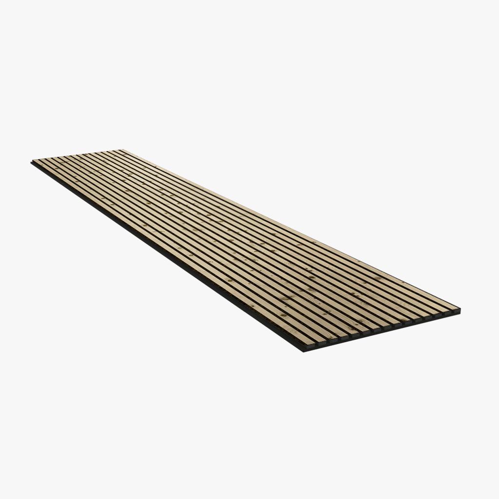 Langes, schmales WoodUpp-Lamellenpaneel aus hellen, naturfarbenen Holzlatten auf schwarzer Trägerplatte, mit feinen, gleichmäßigen Zwischenräumen, sichtbarer Holzmaserung und schmalen Nuten; modulares, montagefertiges Wand- und Akustikprofil mit glatter Oberfläche. Perspektivische Produktaufnahme auf weißem Hintergrund zeigt Länge und schlanke Optik.