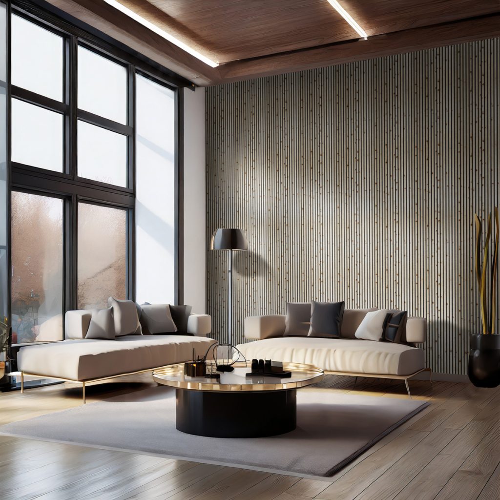 Modernes Wohnzimmer mit großem Fenster, zwei cremefarbenen Sofas, rundem Couchtisch mit goldfarbener Kante und dezentem Teppich. WoodUpp-Holzleistenwand mit feinen senkrechten Lamellen, WoodUpp-Holzdecke mit integrierter LED-Beleuchtung sowie warmer Holzfußboden in natürlicher Eichenoptik von WoodUpp; minimalistische Stehleuchte, Kissen und hohe Pflanzen vervollständigen die ruhige, elegante Atmosphäre.