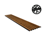 Diese Aufnahme zeigt ein einzelnes, langes Akustikpaneel von WoodUpp vor einem neutralen weißen Hintergrund. Das Paneel verfügt über mehrere Latten aus dunkelbraunem, rustikalem Holz mit sichtbarer Maserung, die auf einem schwarzen Akustikfilz angebracht sind. Ein rundes "Protected by Patent" Logo befindet sich in der oberen rechten Ecke.