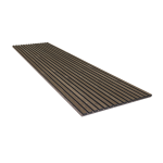 Eine Schrägaufnahme eines langen WoodUpp Akustikpaneels, das flach auf einem weißen Hintergrund liegt. Das Paneel zeigt dunkle, parallele Holzlamellen, die auf einem schwarzen Akustikfilz montiert sind. Die Holzstruktur der Lamellen ist deutlich erkennbar und verleiht dem Paneel eine edle, dunkle Optik.