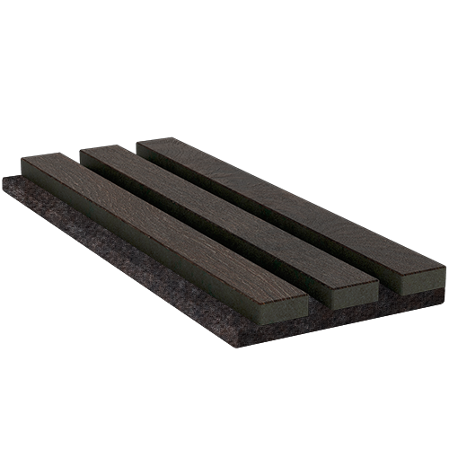 Ein Musterstück eines WoodUpp Akustikpaneels, das drei dunkle Holzlamellen auf einem schwarzen Akustikfilz zeigt. Die Holzoberfläche hat eine dunkle, fast schwarze Maserung, ähnlich der geräucherten Eiche. Der Filz dient als schallabsorbierende Rückwand für die WoodUpp Wandpaneele.